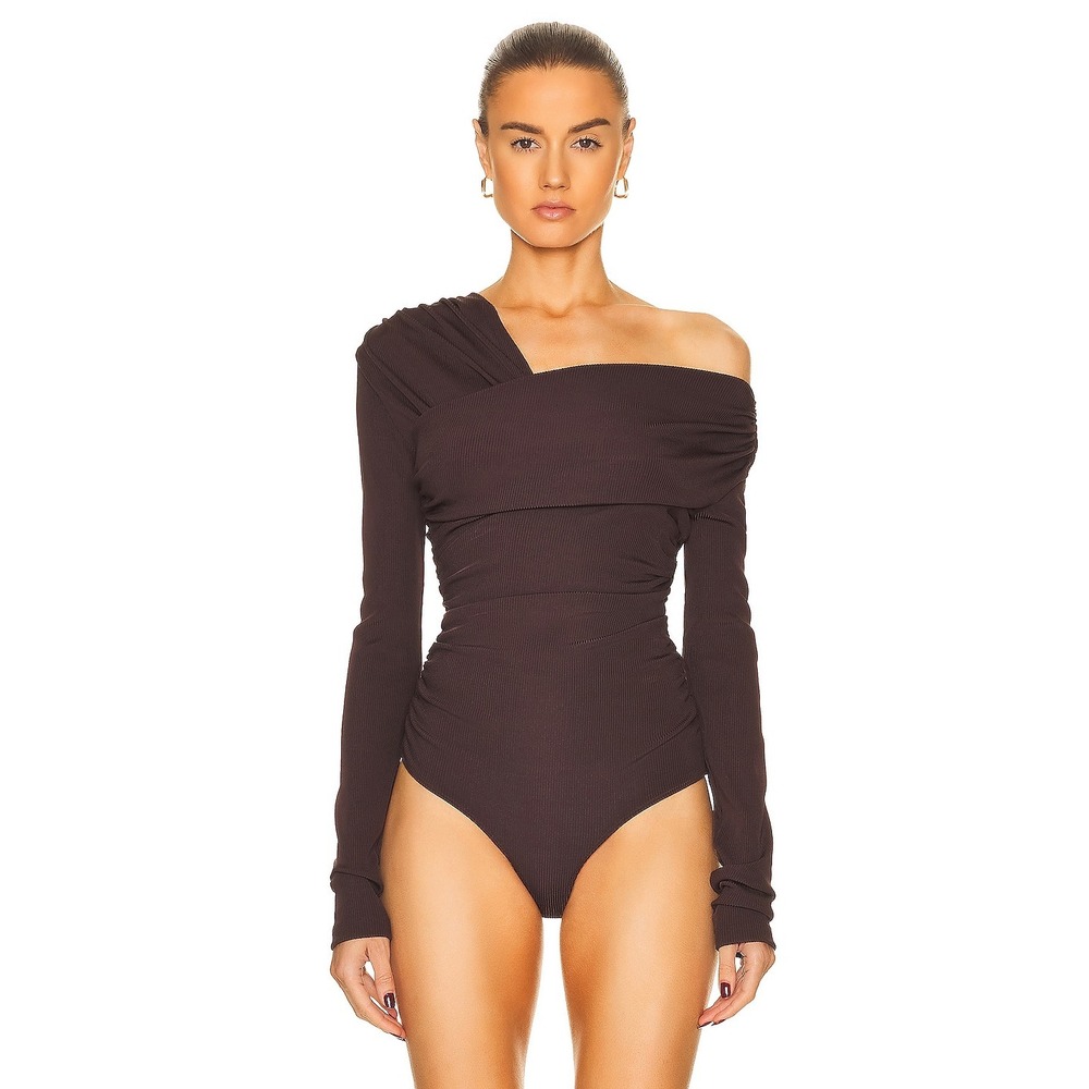 MSRP $248 GOLDSIGN Sz M The Fonteyne Bodysuit Chocolate Brown Wrapped Stretch